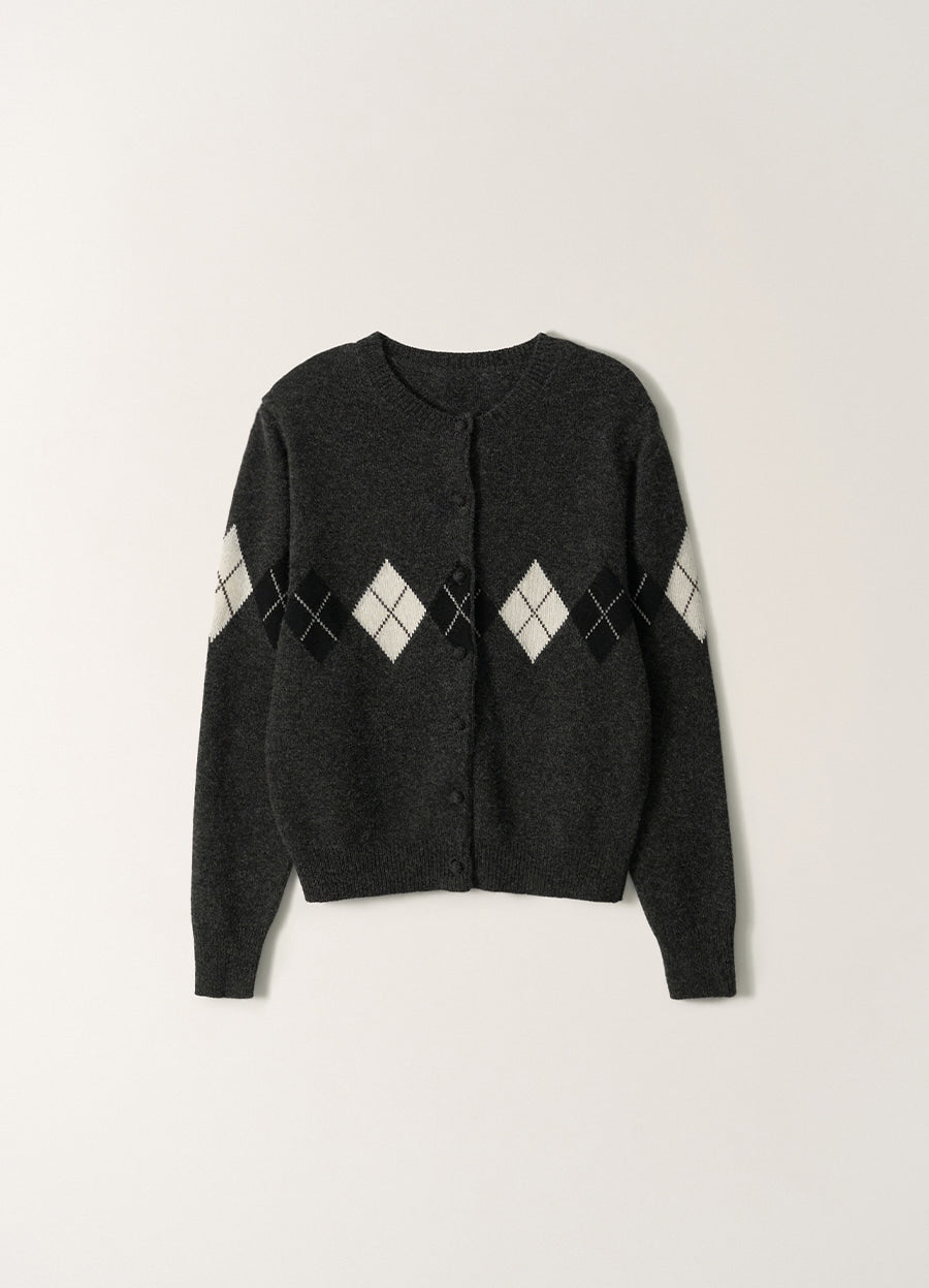 Nothing Written Heritage Argyle Knit Cardigan (Dark Gray)