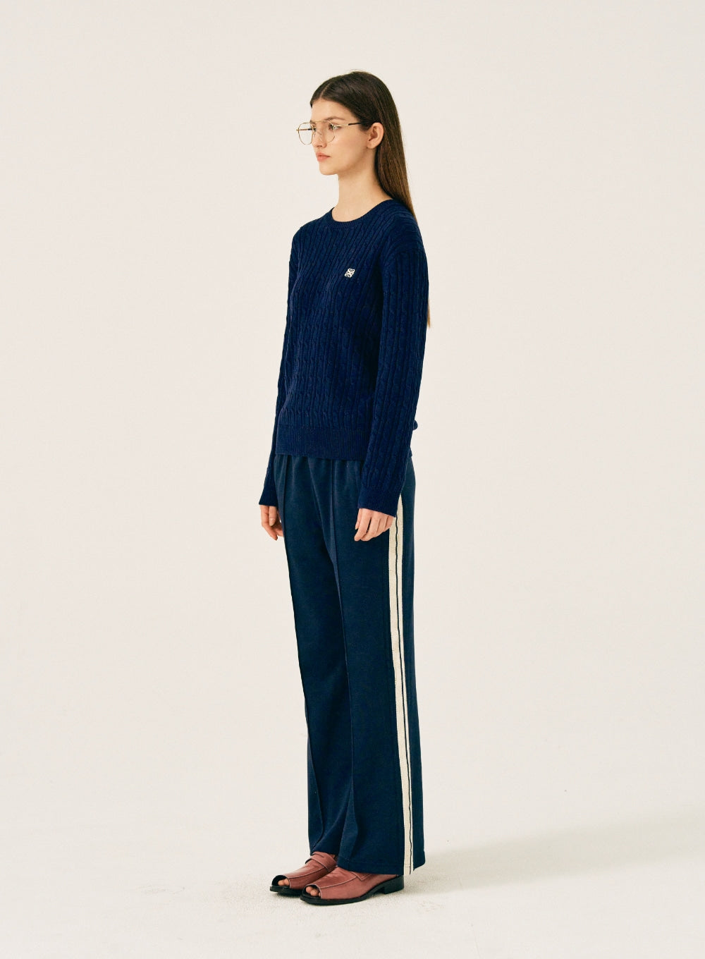 [satur] (W) Classic Solid Cable Knit - Classic Navy