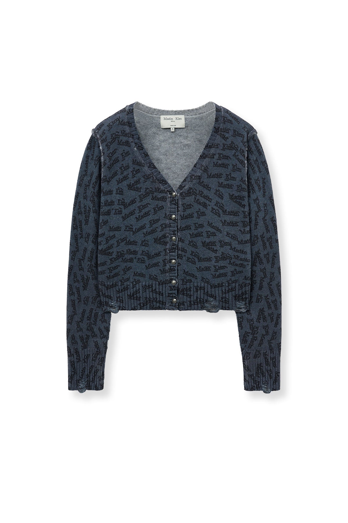 [matinkim] ALL OVER LOGO CROP CARDIGAN IN NAVY
