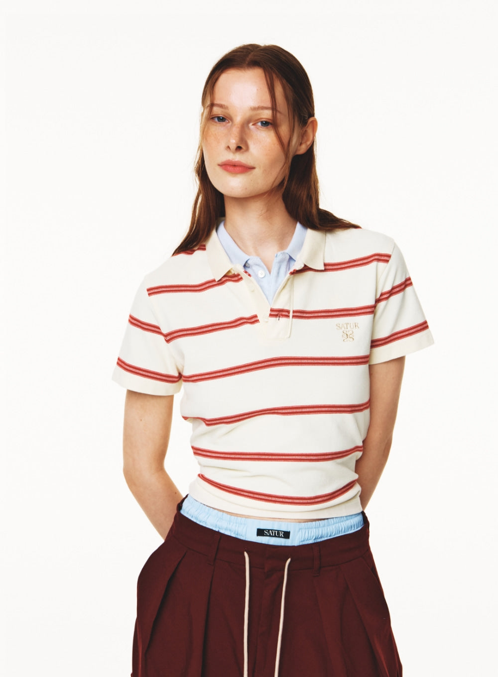 [satur] (W) Stripe Pique Polo T-Shirt - Cream