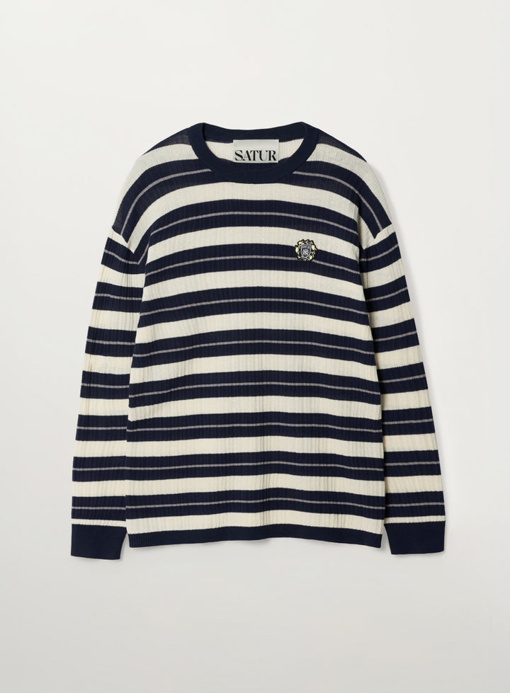 Satur Crest Logo Stripe Knit - Navy