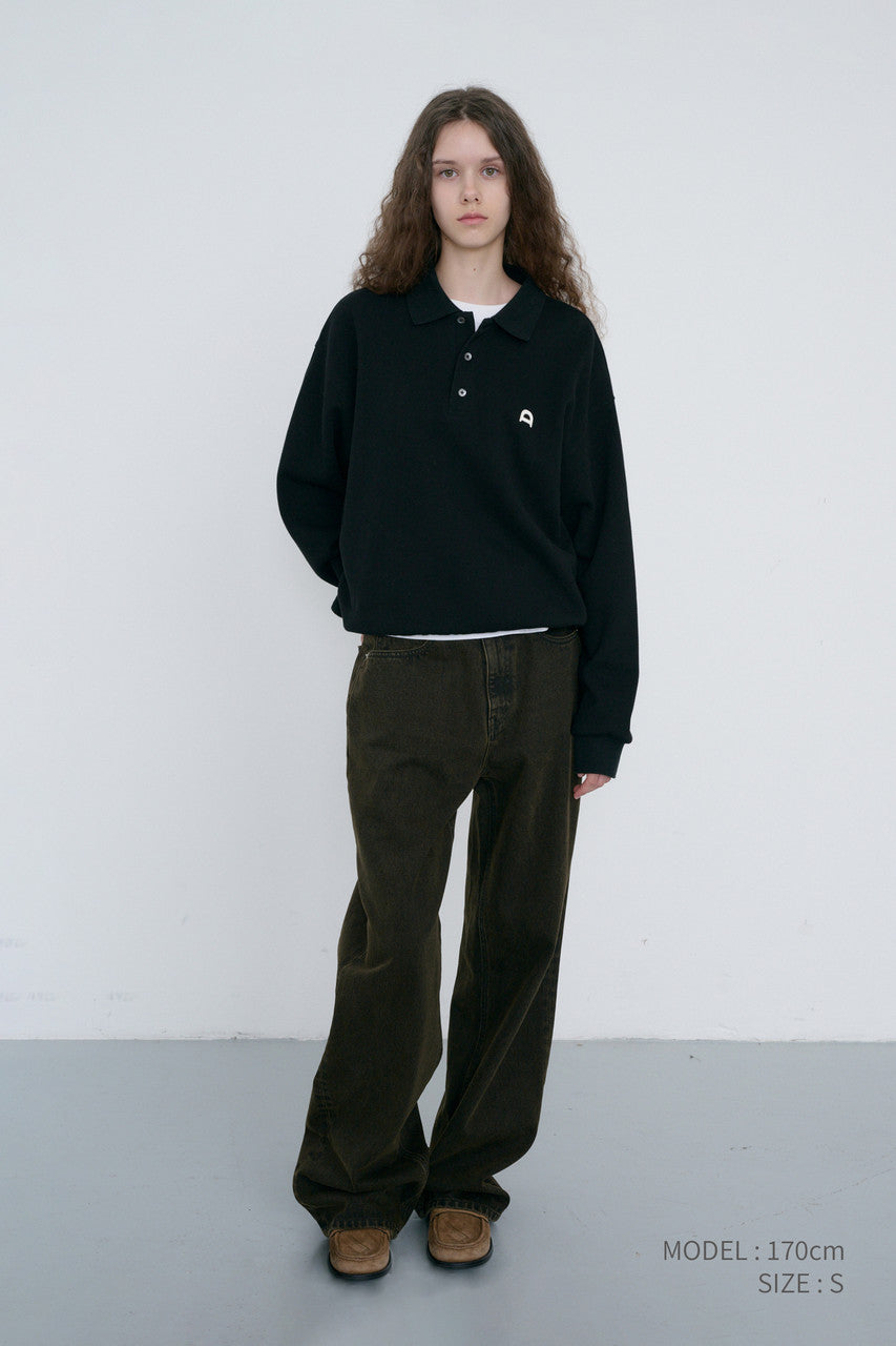 Dunst Unisex Leather Logo Collared T-Shirt Black