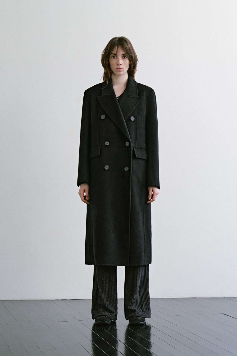 Treemingbird Peaked-Lapel Double-Breasted Handmade Coat Black