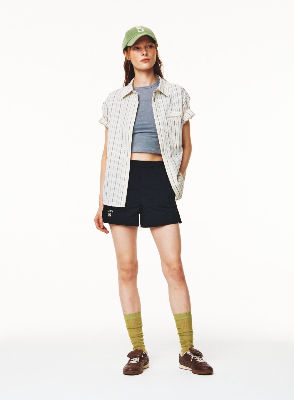 [satur] Natural Seersucker Stripe Half Shirt - Black