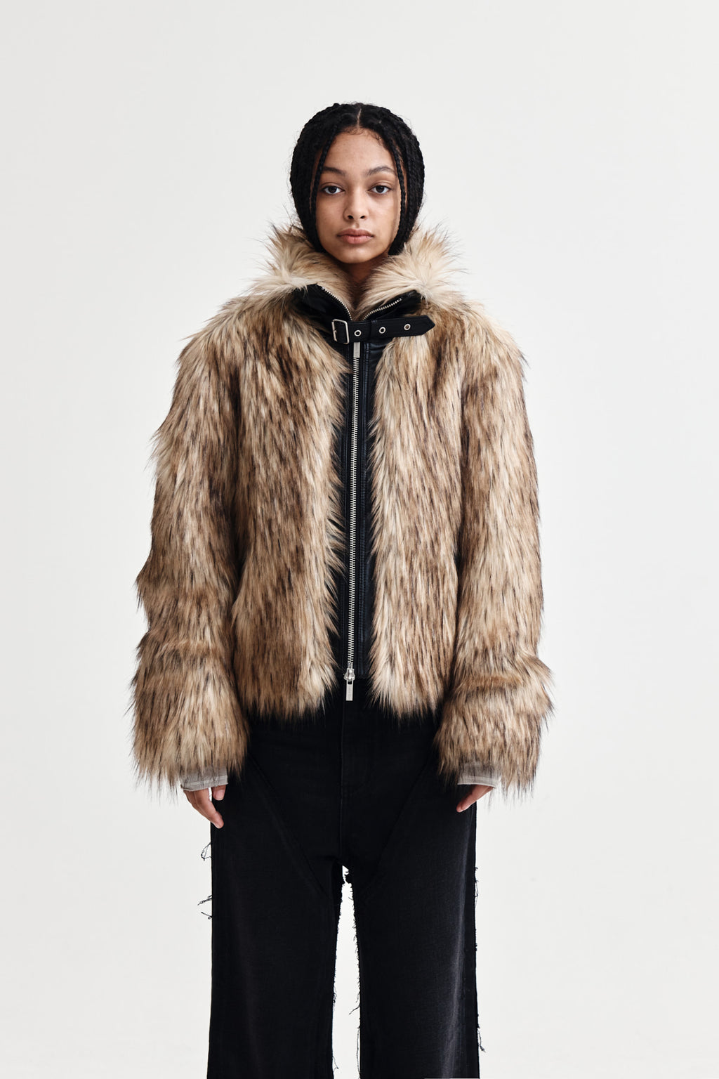 [matinkim] NECK BUCKLE CROP FUR JUMPER IN BEIGE