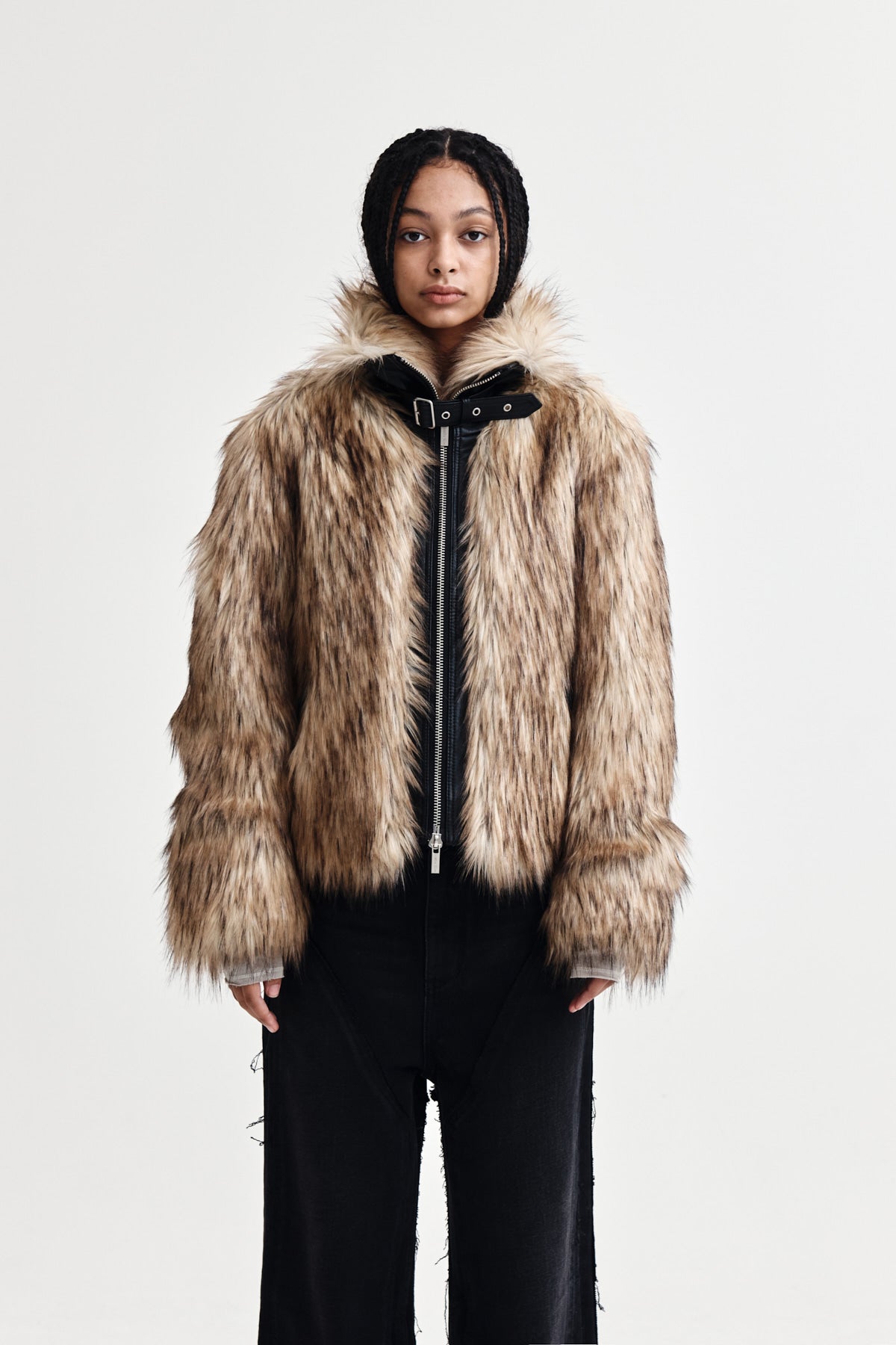 [matinkim] NECK BUCKLE CROP FUR JUMPER IN BEIGE