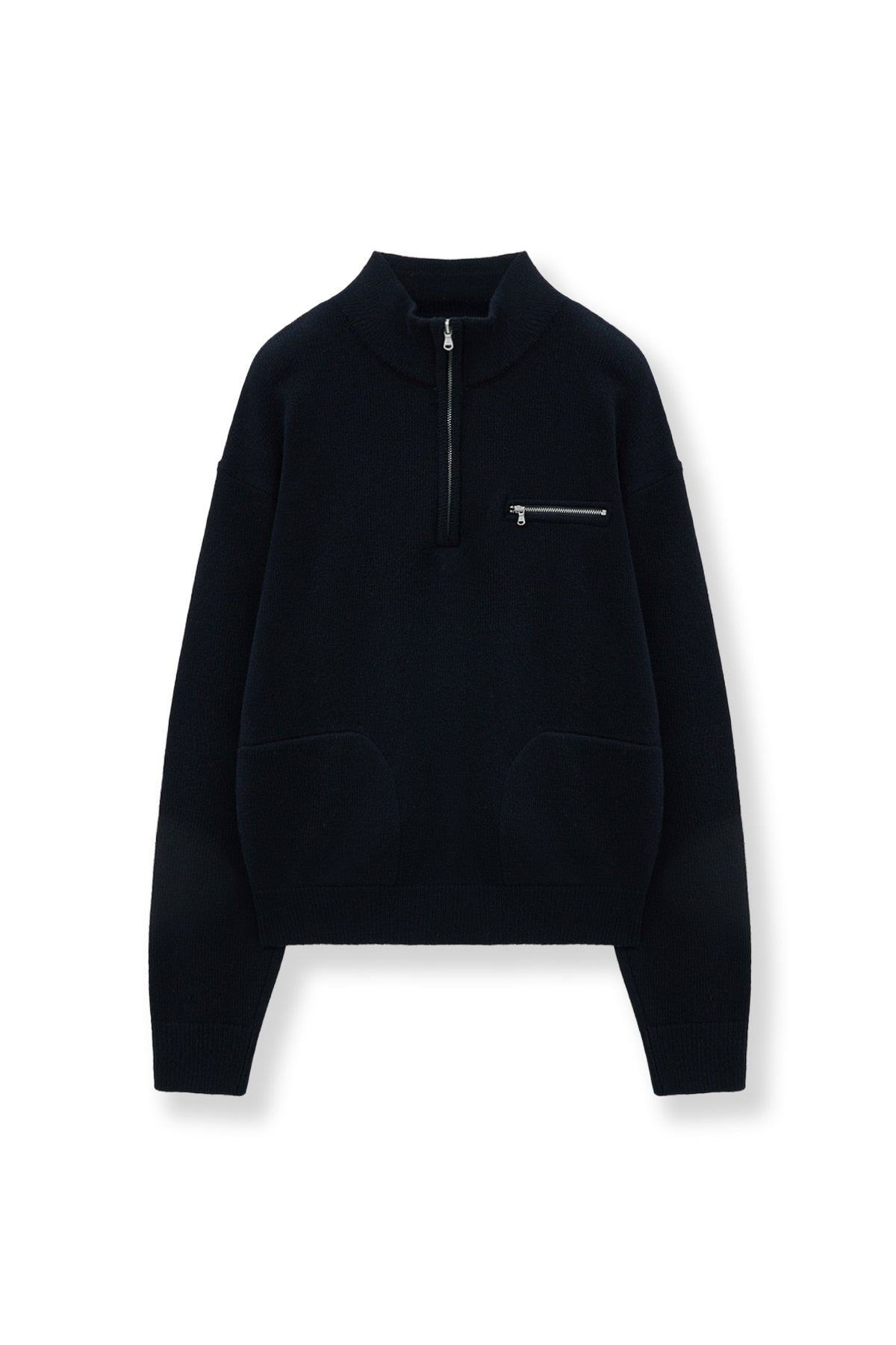 [matinkim] BACK LOGO HALF KNIT ZIP UP PULLOVER FOR WOMEN IN NAVY
