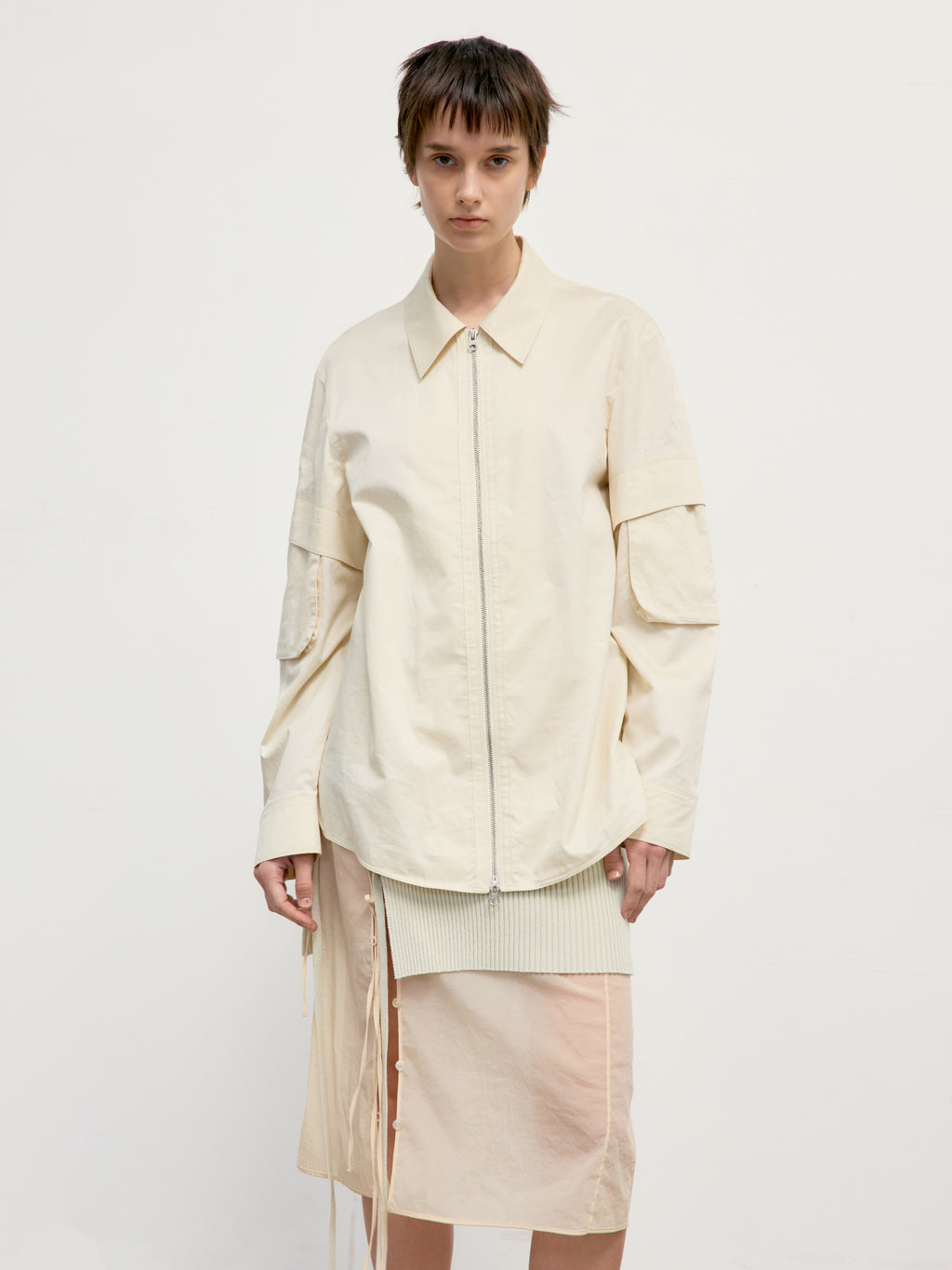 Low Classic Pocket Sleeve Zip-Up Shirt Beige