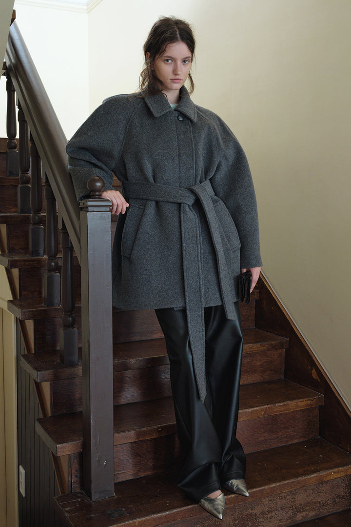Overdueflair Volume Sleeve Wool Half Coat Grey