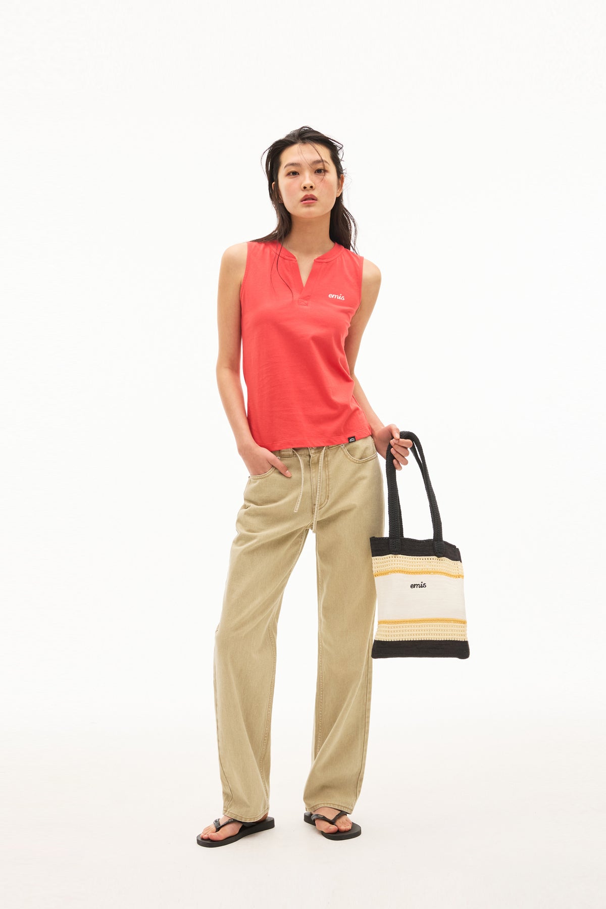 Emis Henley Neck Sleeveless Top-Red