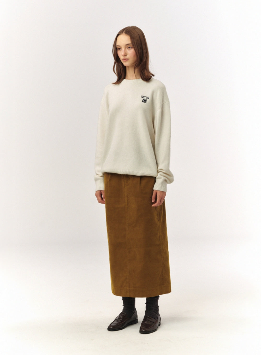 [satur] (W) Corduroy Long Skirt - Olive Green
