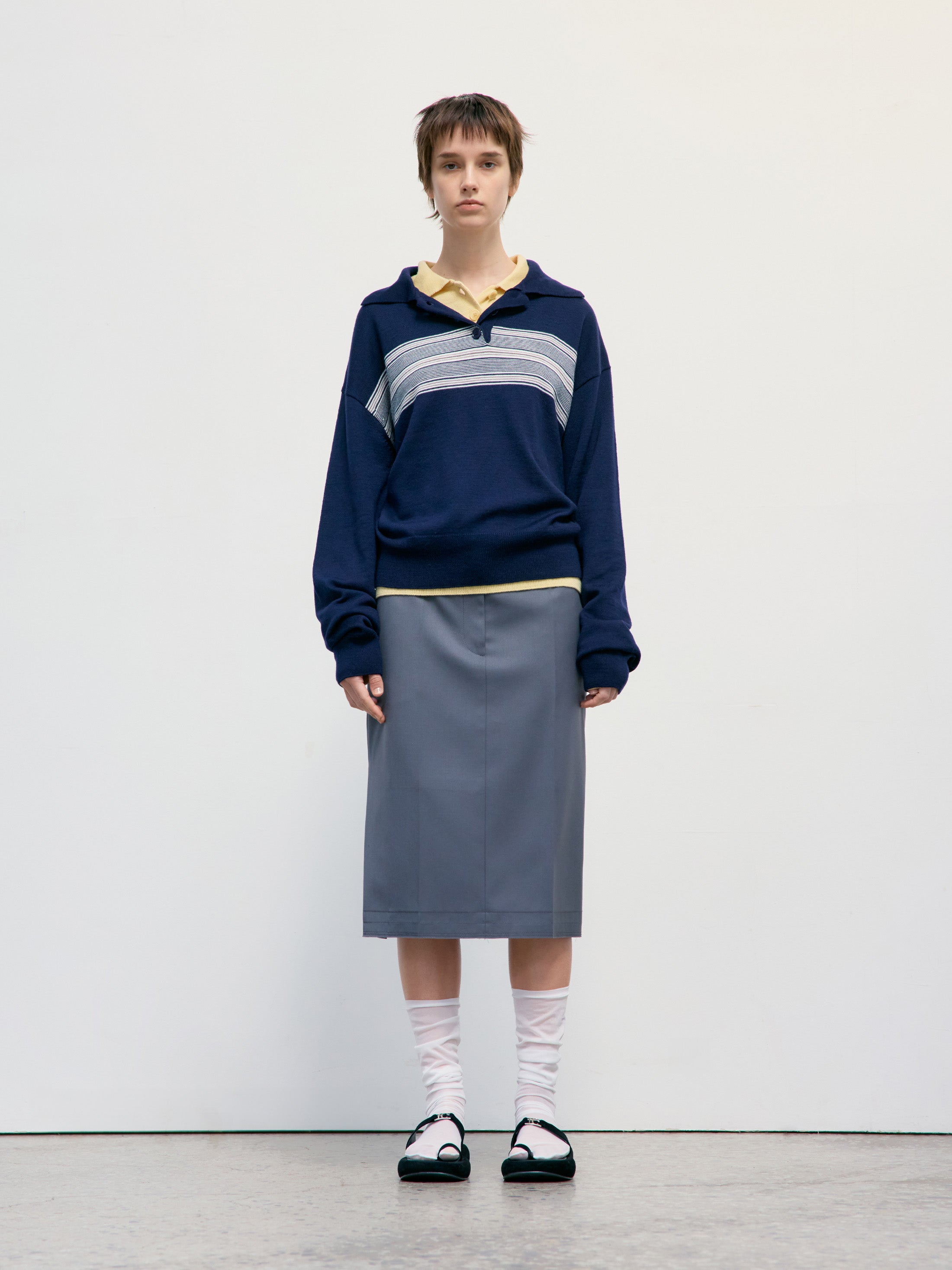 [Low Classic] Multi Stripe Pique Knit Top_Navy