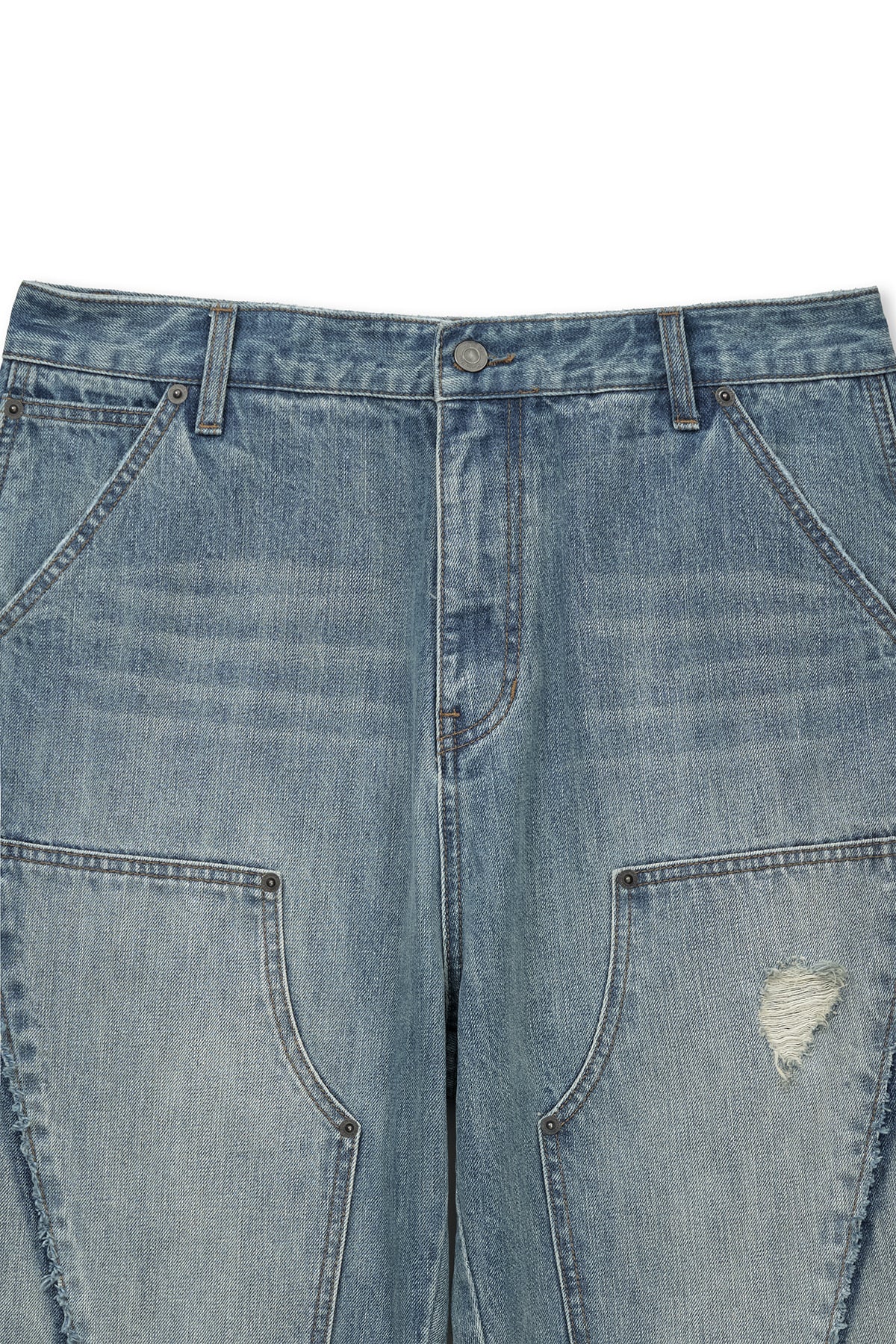 [matinkim] VINTAGE WASHED DOUBLE KNEE DENIM PANTS FOR MEN IN BLUE