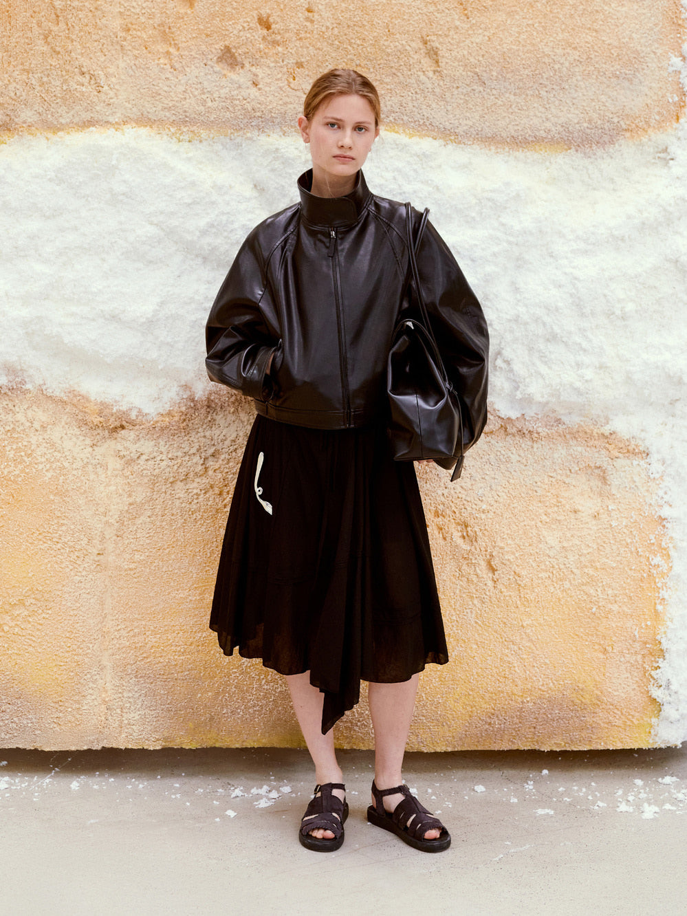 [Low Classic] Stand Collar Artificial Leather Jumper_Black