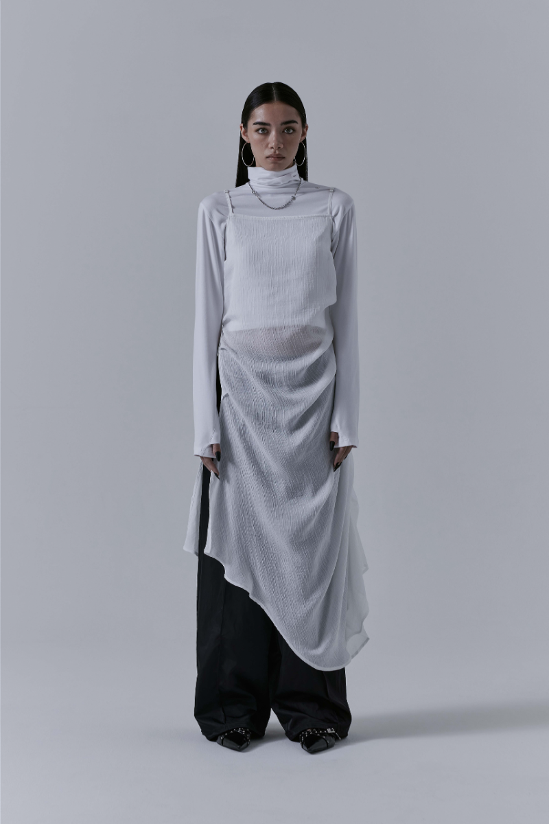 Treemingbird Drape See-through Long One-piece White