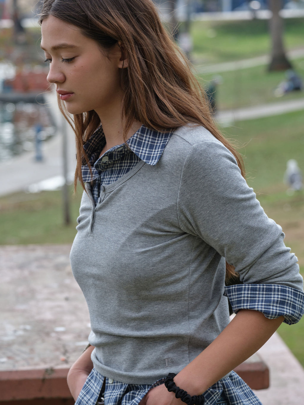 [Low Classic] Henry Neck Long Sleeve T-Shirt_Melange Grey