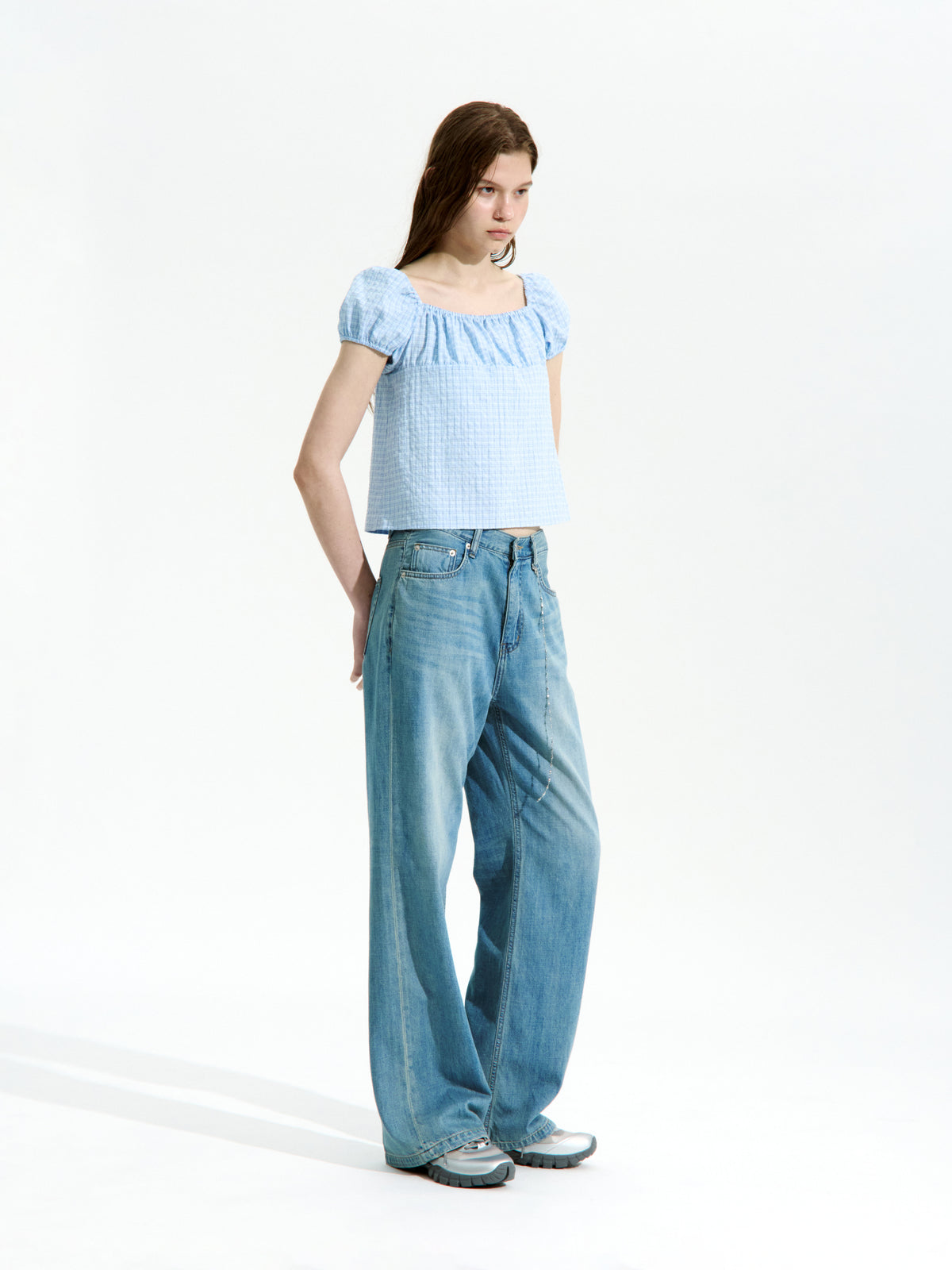 Low Classic Shirring Cotton Top Blue Check