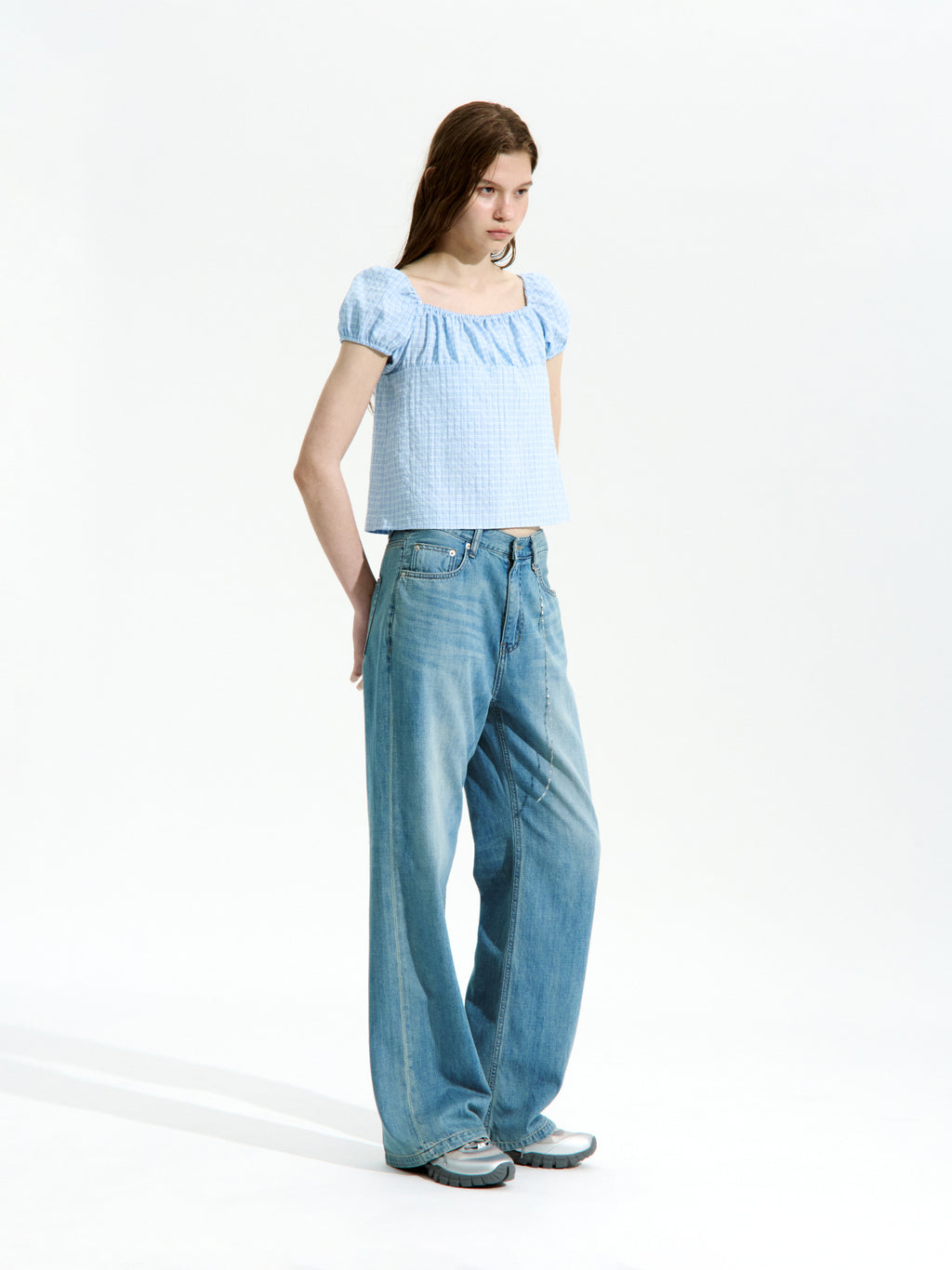 Low Classic Shirring Cotton Top Blue Check