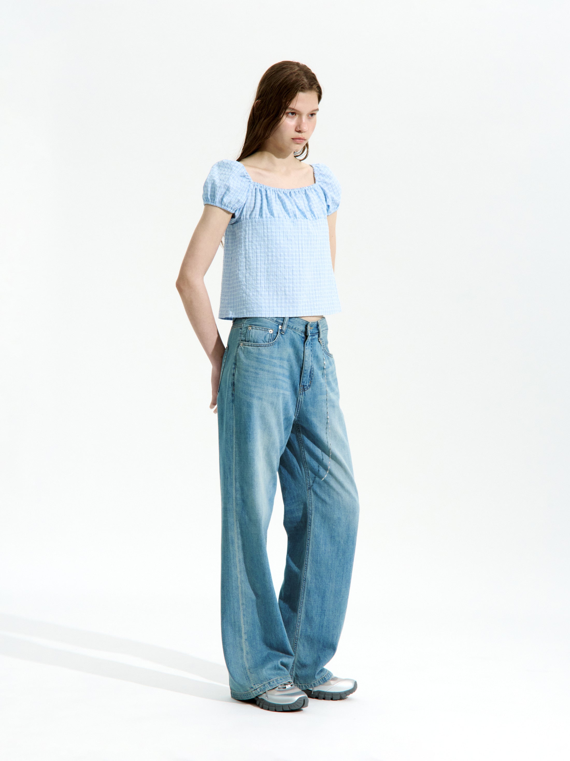 Low Classic Shirring Cotton Top Blue Check
