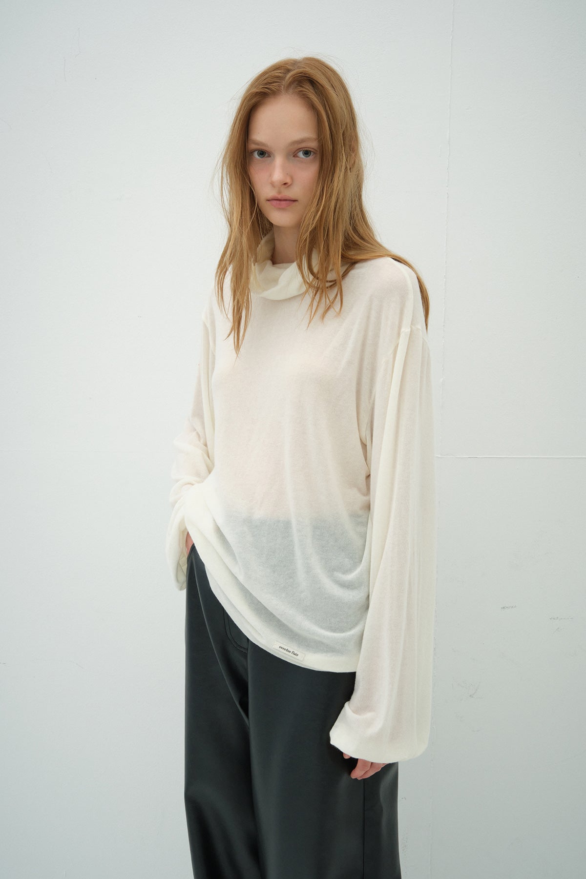 Overdueflair Loose Fit Wool Tencel Turtleneck T-Shirt Ivory