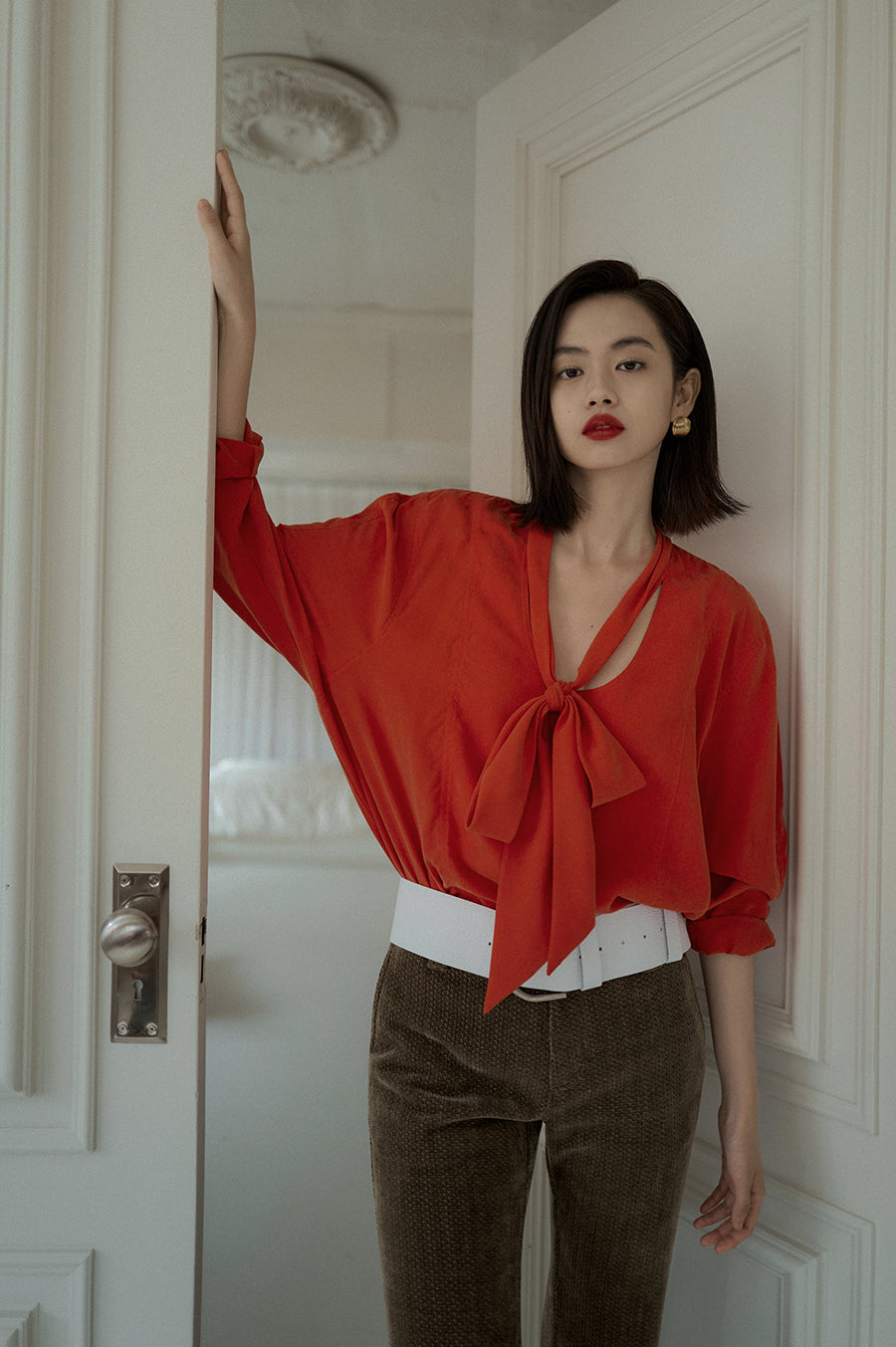 Overdueflair U Neck Long Tie Blouse Vintage Red