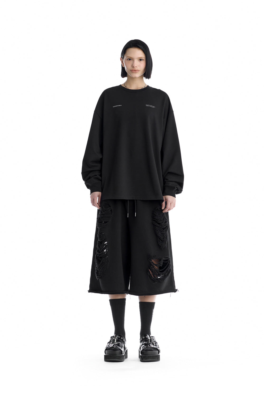 Treemingbird Lettering Oversized Unisex Long-Sleeve T-Shirts Black