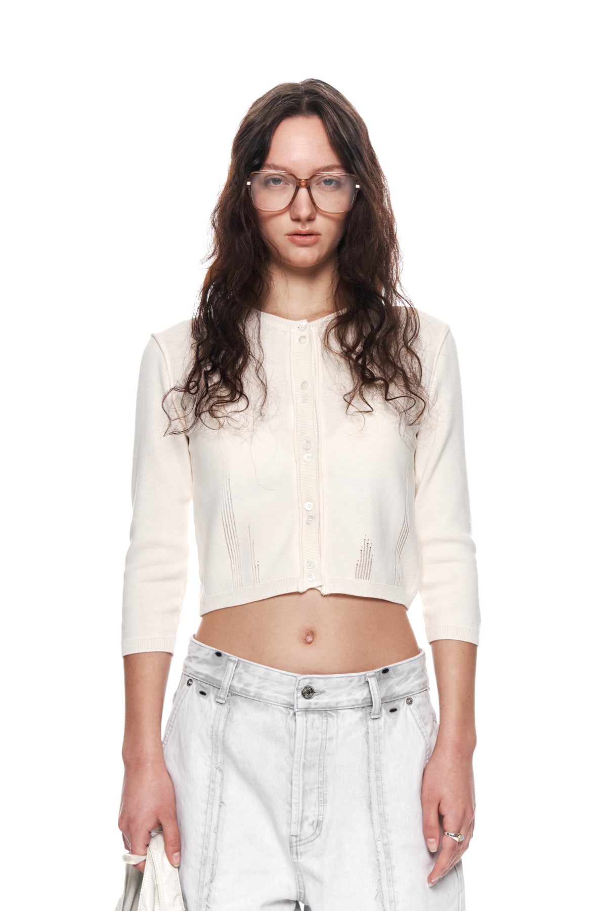 Matinkim Three Quarter Sleeve Round Cardigan IN White
