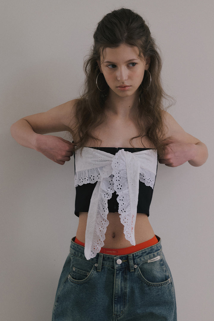 Overdueflair Cotton Eyelet Tube Top Black/White