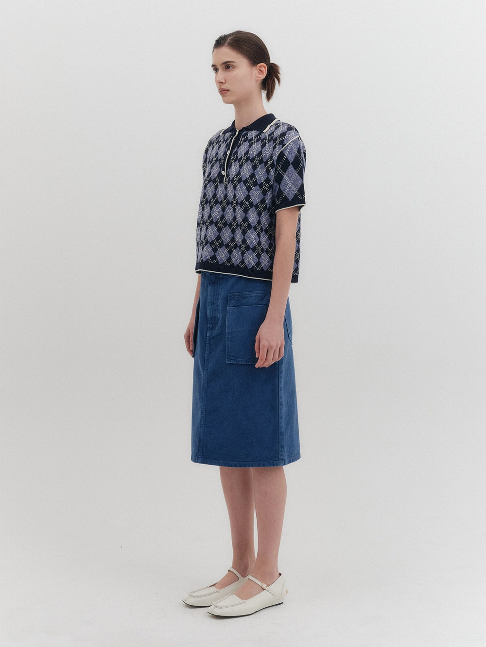 EENK Argyle Short Sleeve Knitwear Top - Navy