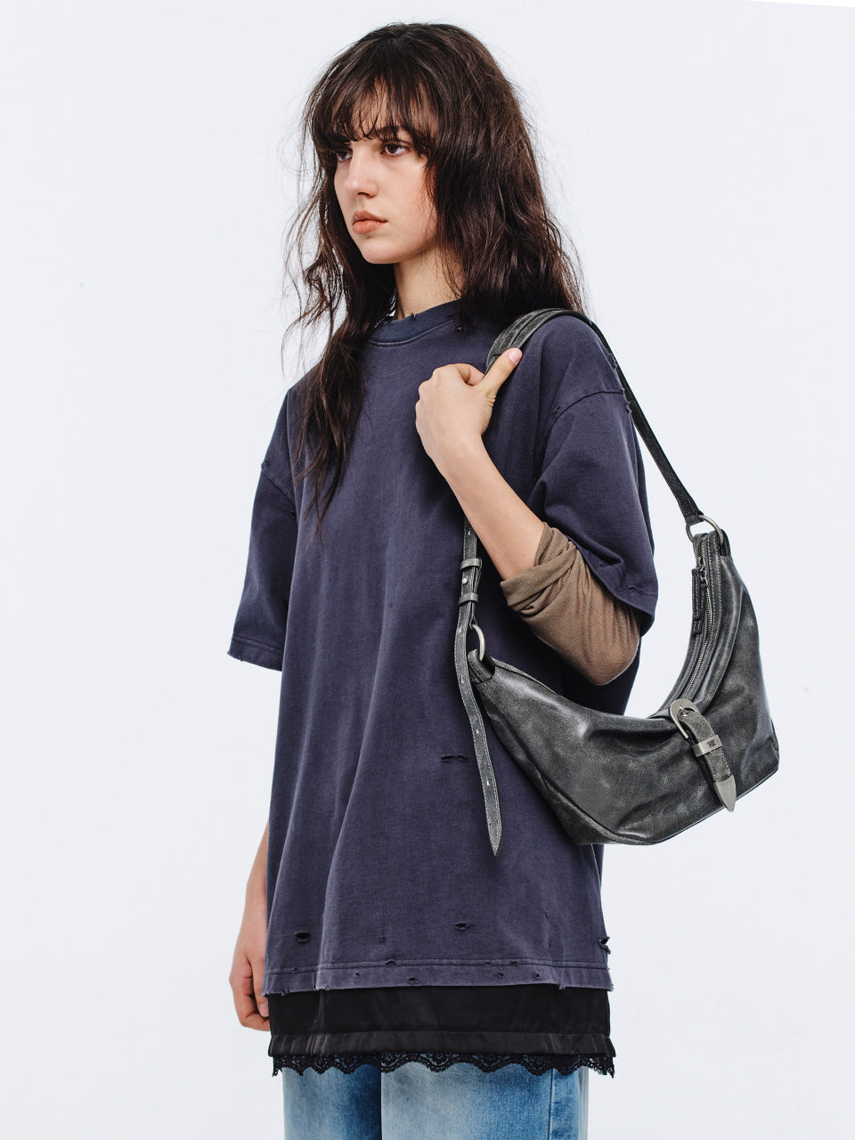 Margesherwood Belted Hobo Medium white+grey two-tone cracked