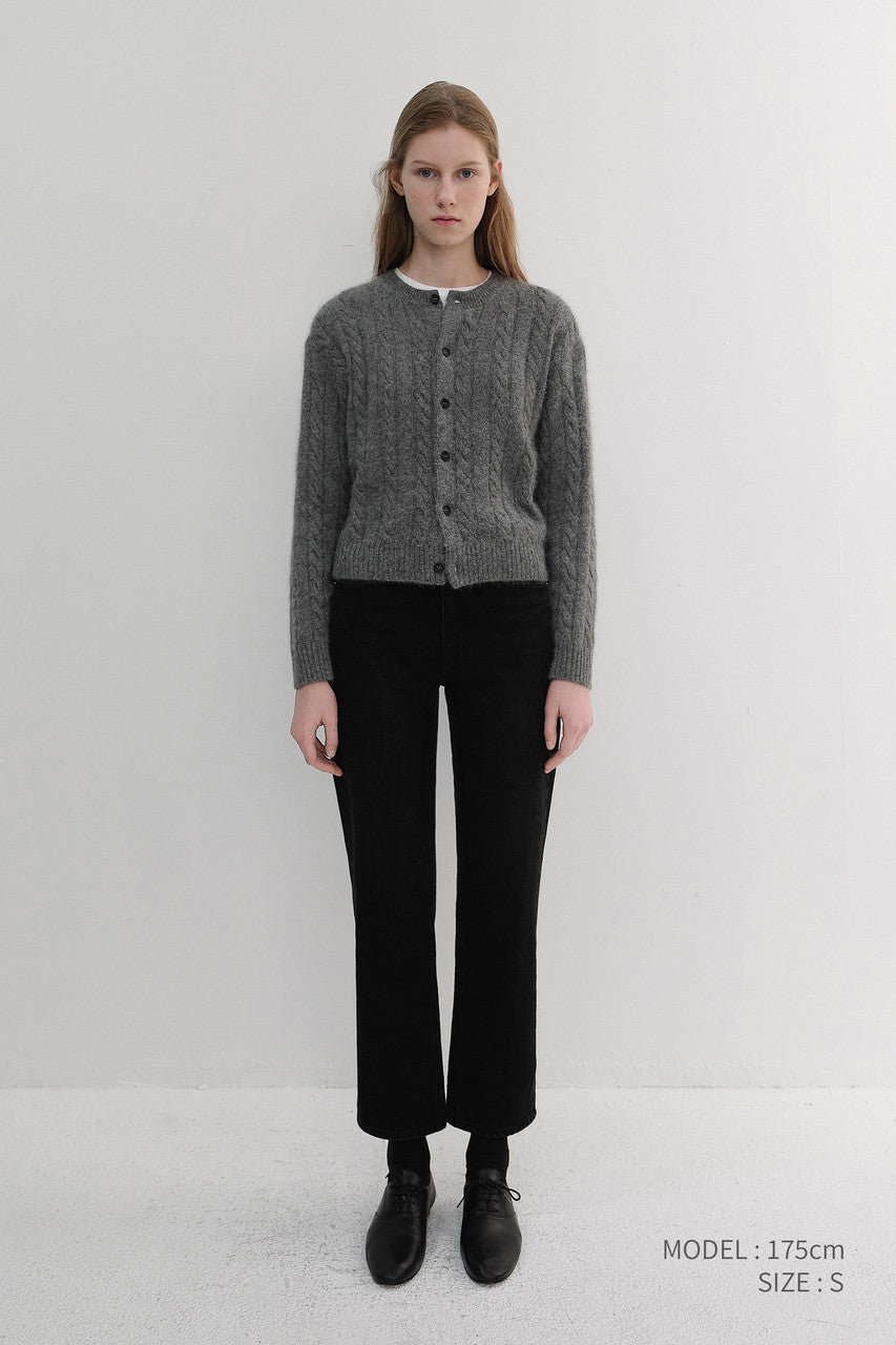 Dunst Unisex Hairy Cable Crew Neck Cardigan Melange Grey