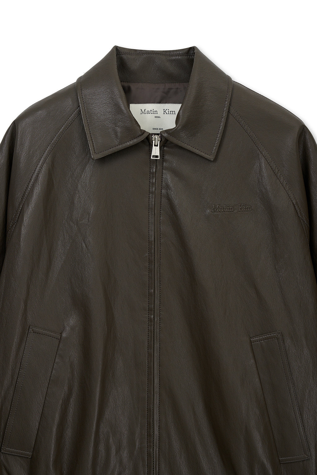 Matinkim Small Logo Faux Leather Zip UP Jumper IN Brown