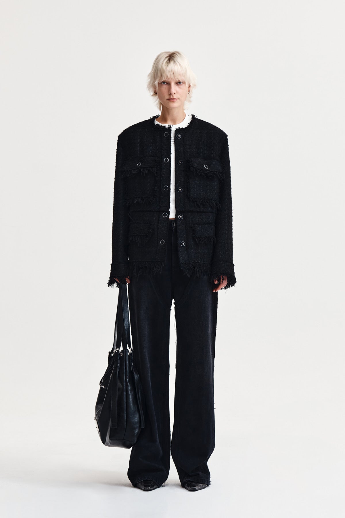 [matinkim] TWO WAY COLLARLESS TWEED JACKET IN BLACK