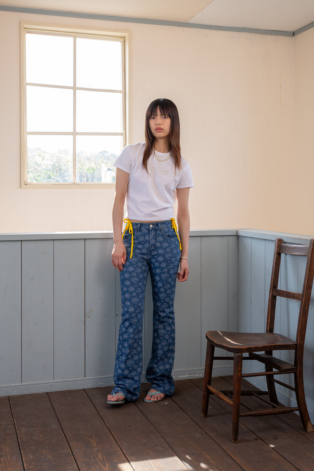 [matinkim] Flower Pattern Flare Denim Pants IN Blue