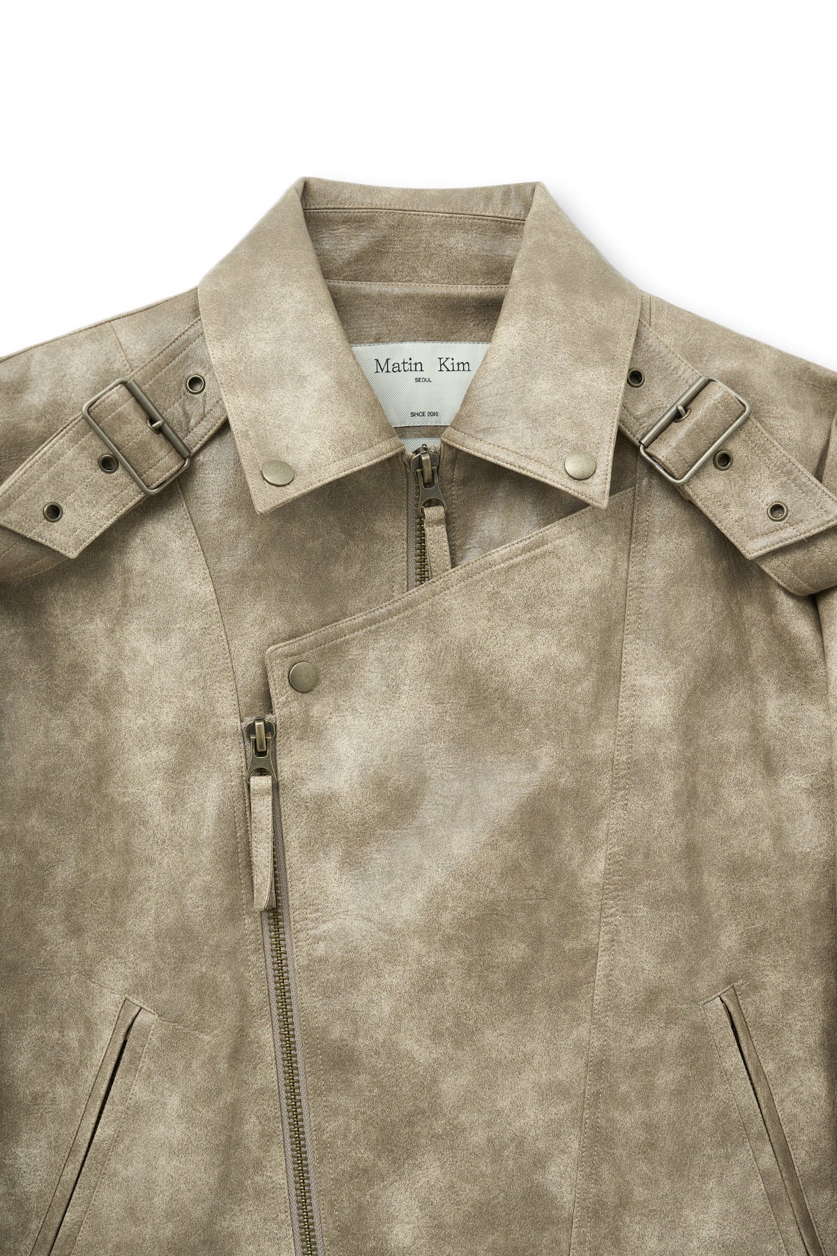 [matinkim] FAUX LEATHER BELTED RIDER JUMPER IN BEIGE