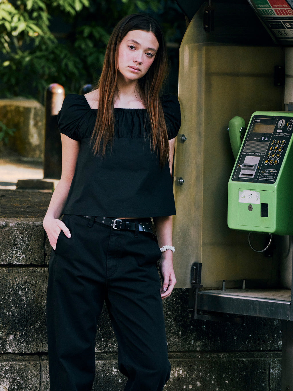 Low Classic Shirring Cotton Top Black