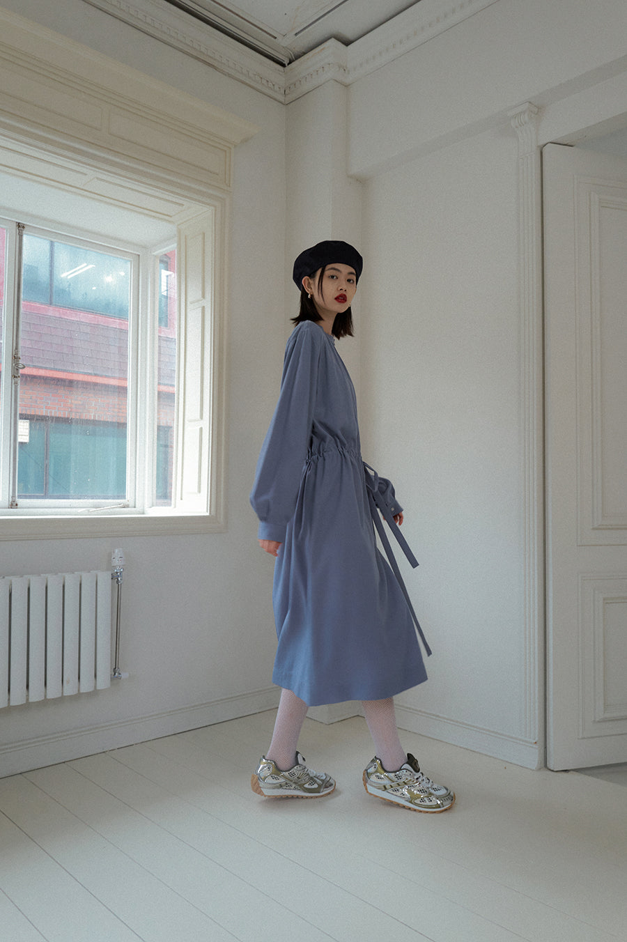 Overdueflair Half Neck Shirring Dress Vintage Blue