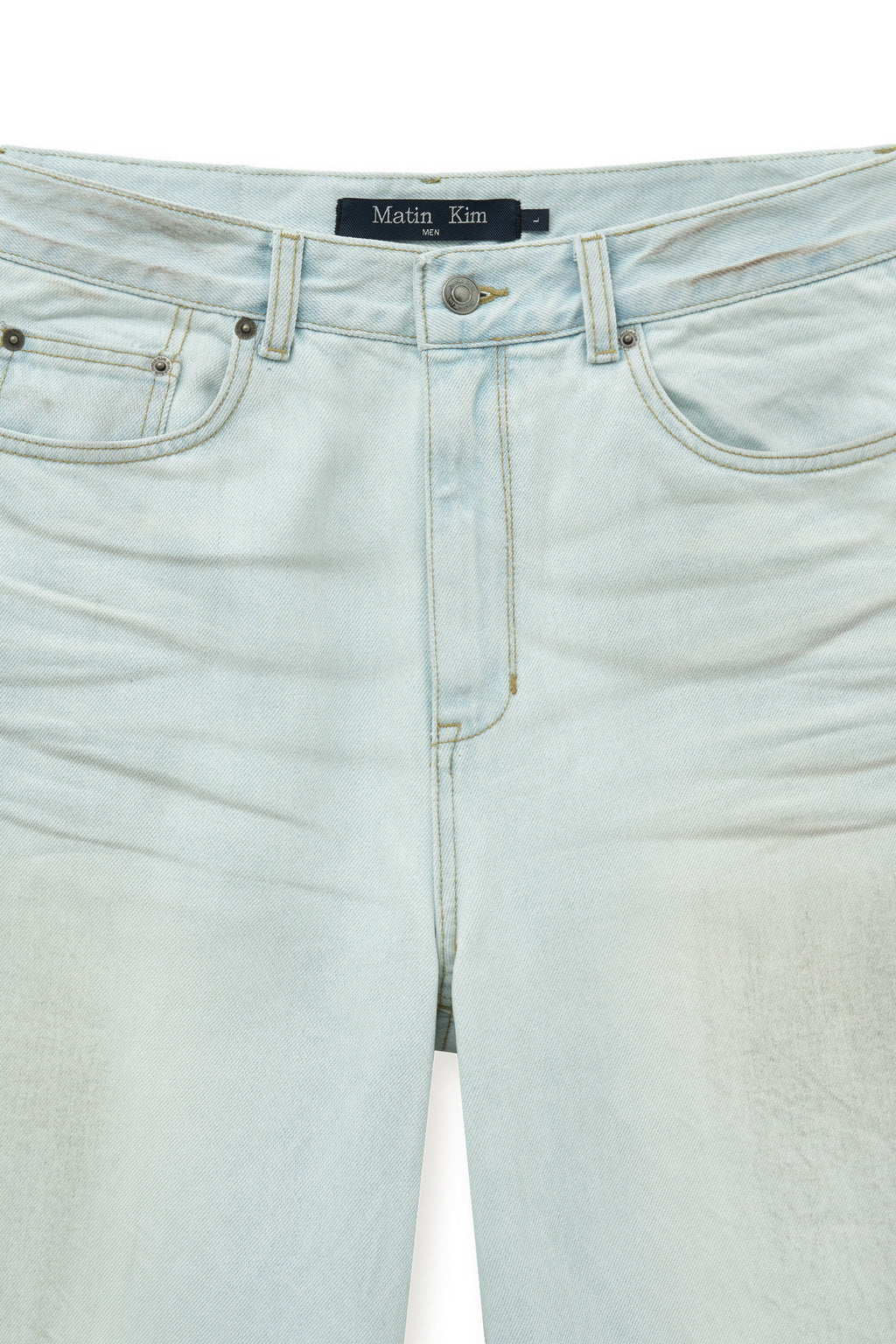 [matinkim] DIRTY WASHED DENIM PANTS FOR MEN IN LIGHT BLUE