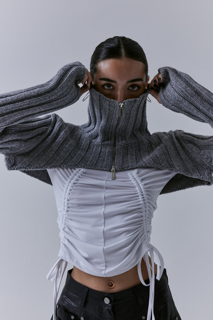 Treemingbird High-neck Bolero Knit Zip-up Grey