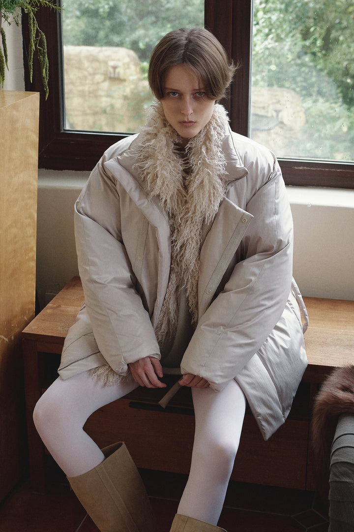 Overdueflair Fur High Neck Goose Down Jumper Light Beige