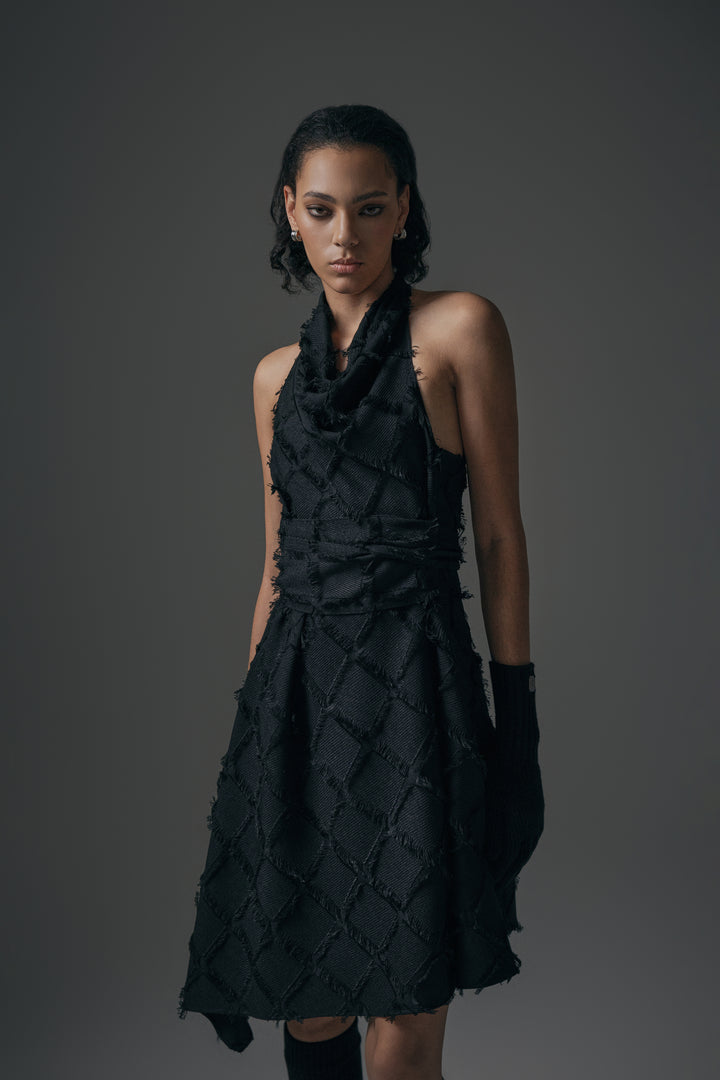 Treemingbird Fringe Halterneck Drape One-piece Black