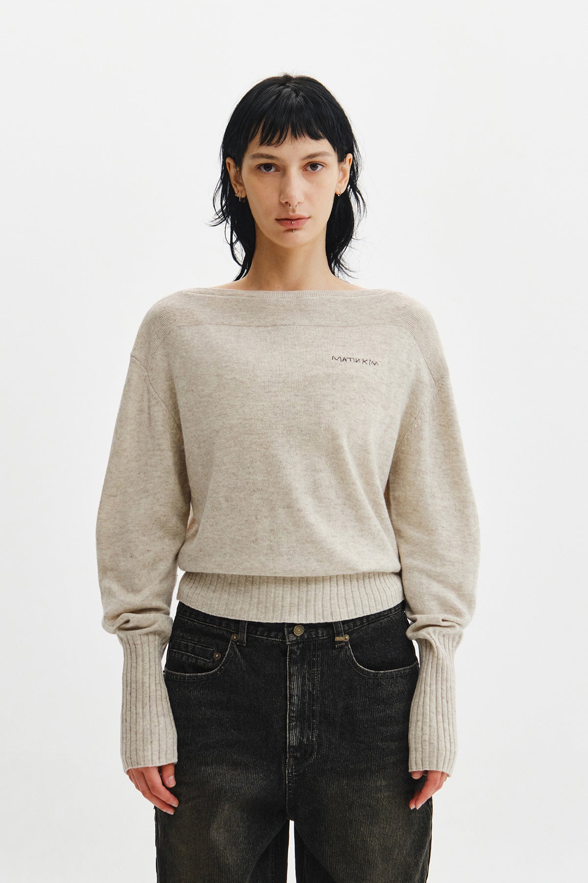 Matinkim Boat Neck Volume Sleeve Knit Pullover IN Light Beige