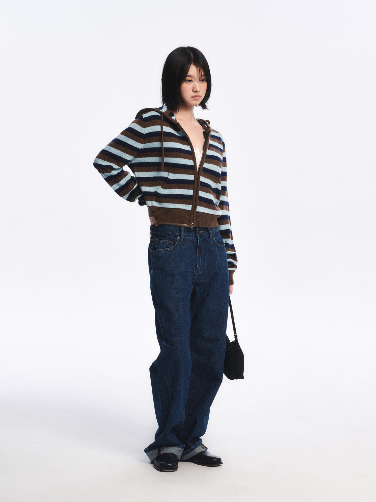 Low Classic Striped Zip-Up Hoodie Sweater Brown