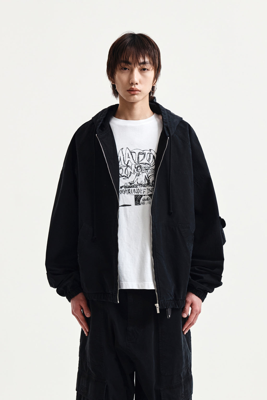Matinkim Washed Cotton Hoody Zip UP IN Black