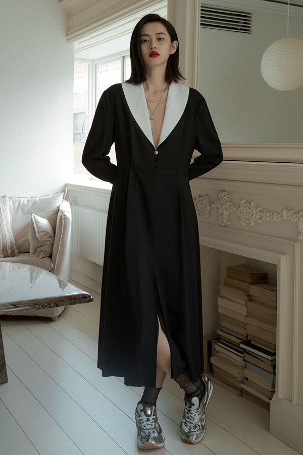 Overdueflair Shawl Collar Long Dress White/Black