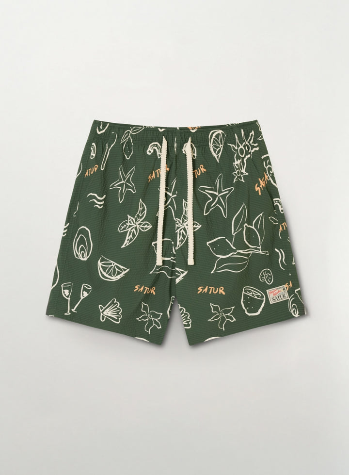Satur Hand Drawing Graphic Swim Shorts - Green