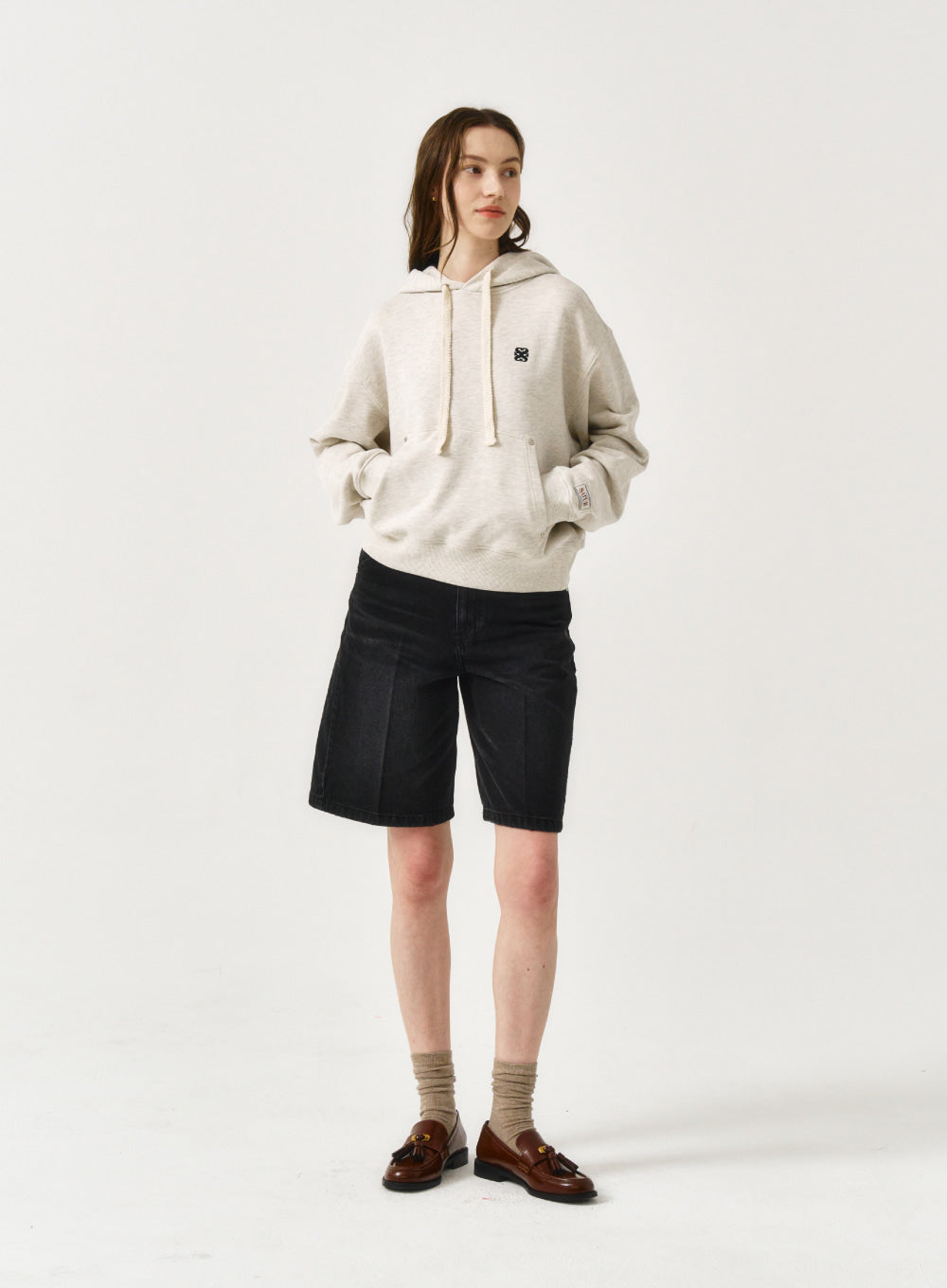 [satur] (W) Loren Small Logo Rivet Hoodie - Melange Oatmeal