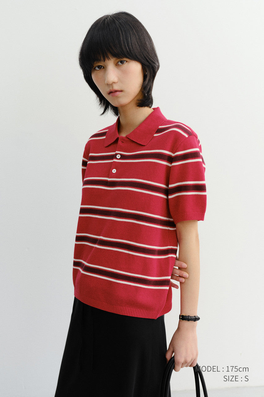 Dunst Unisex Multi Striped Polo Knit Red Burgundy