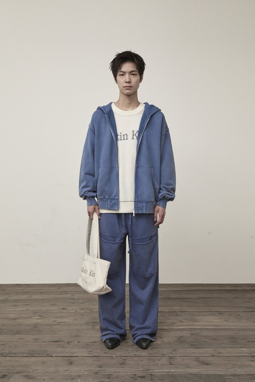 [matinkim] BACK LOGO WASHED HOODY ZIP UP FOR MEN IN BLUE