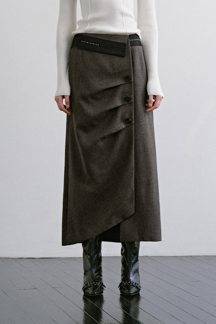 Treemingbird 3 Button H Line Long Skirt Brown